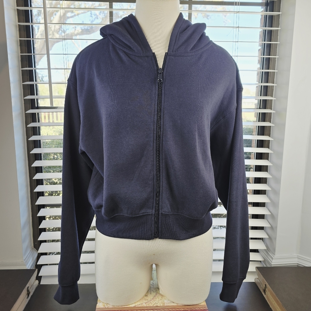ARDENE Dark Blue Cropped Zip-Up Hoodie | NWT Fleece-Lined‎ Sweatshirt | L/G